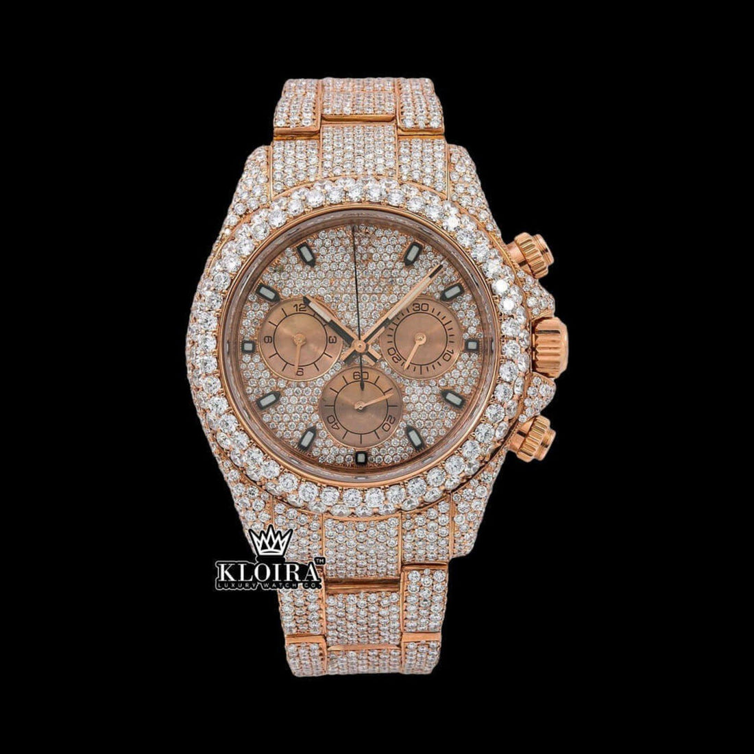 Stick Markers Chronograph Dial Rose Gold Fully Iced Out Moissanite Watch Front View