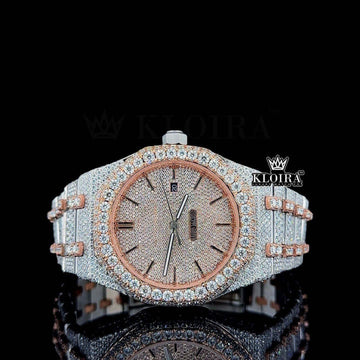 Stick Markers Two-Tone Rose Gold Iced Out Moissanite Diamond Watch Front View