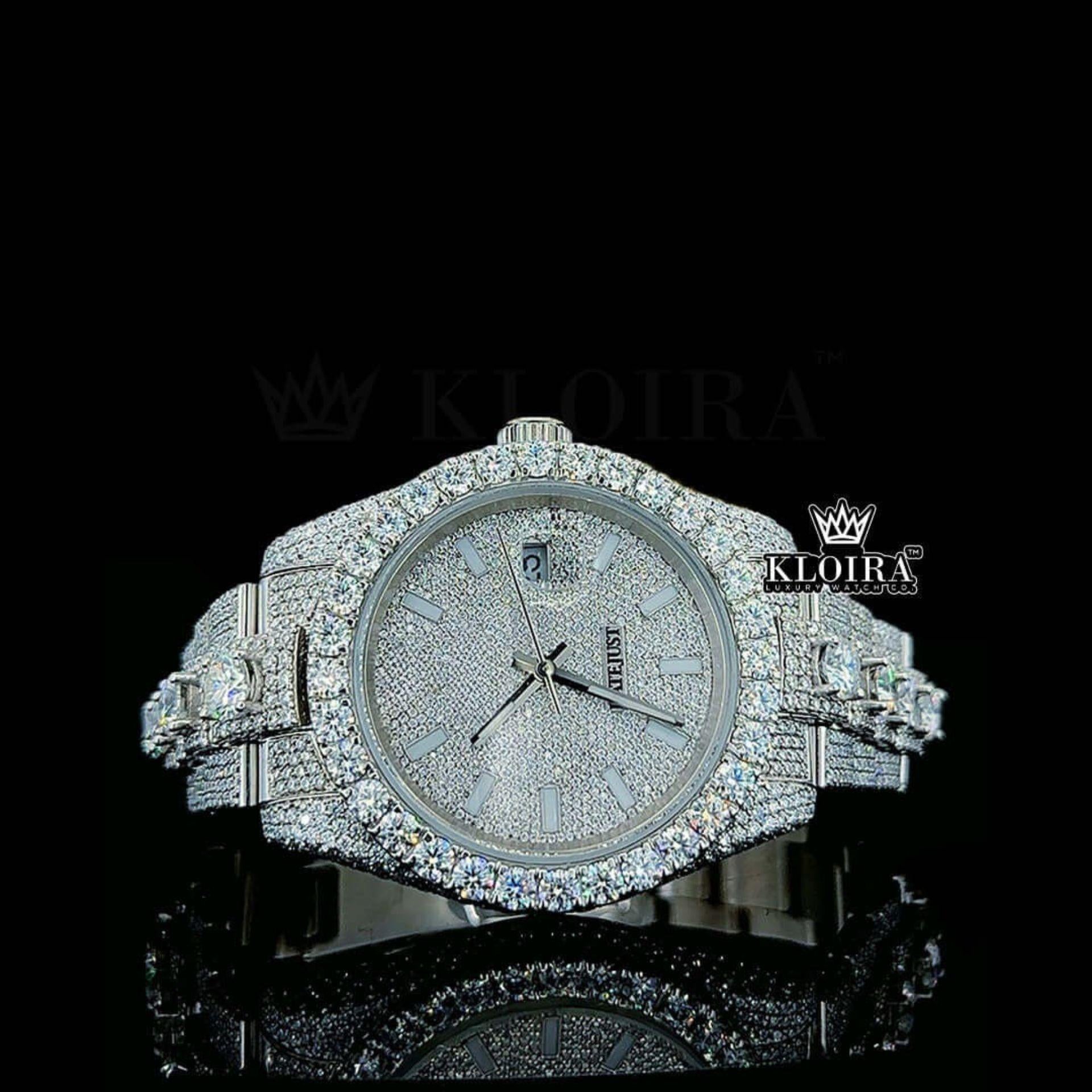 Stick Markers White Dial Diamond Link Strap Iced Out Moissanite Watch Front View