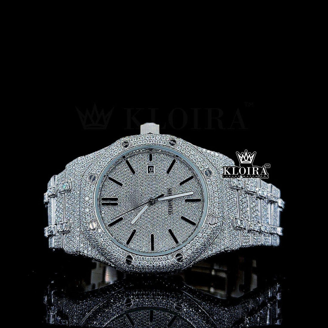 Stick Markers White Dial Fully Iced Out AP Moissanite Diamond Watch Front View