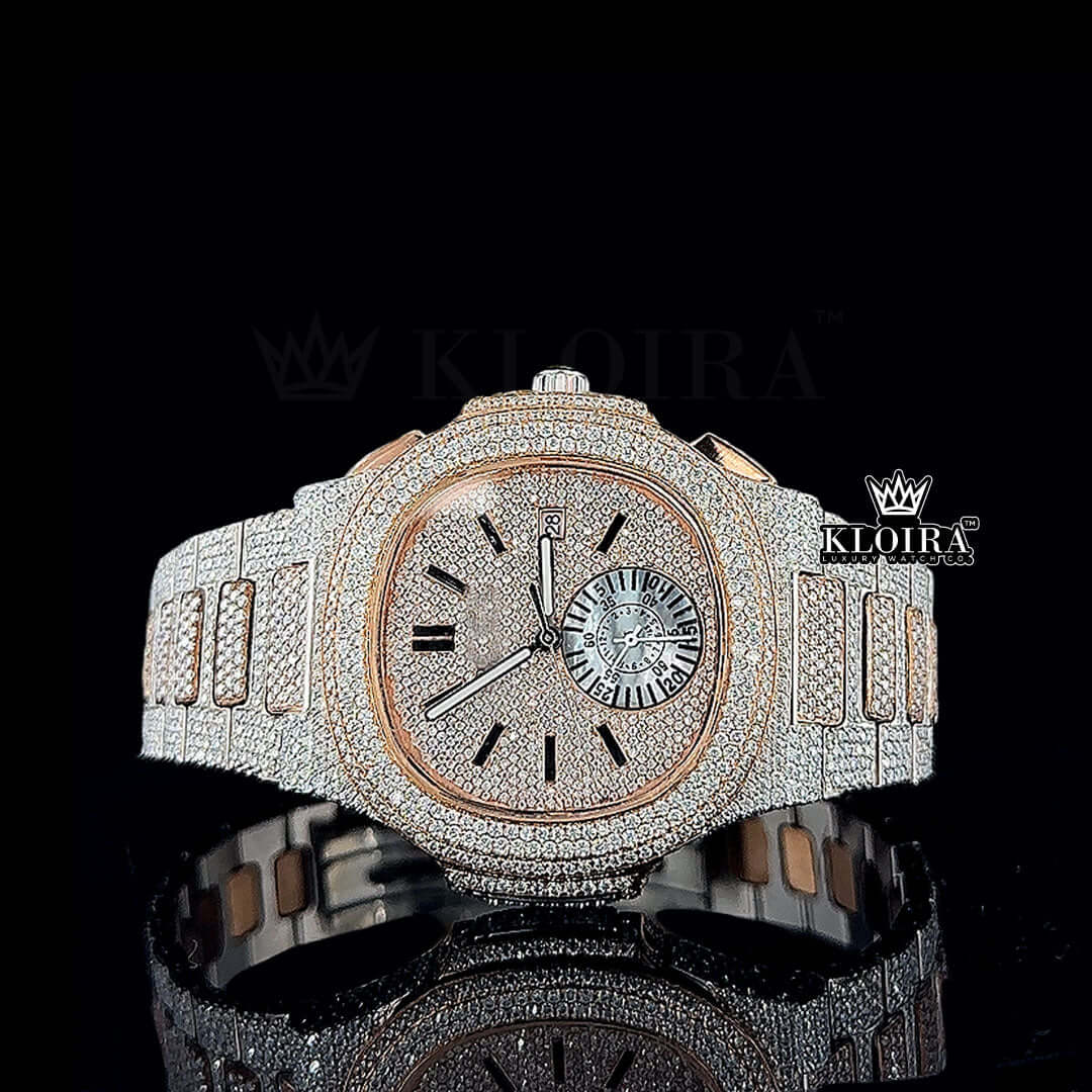 Subdial Rose Gold Patek Philippe Inspired Moissanite Diamond Watch 14K Gold Front View