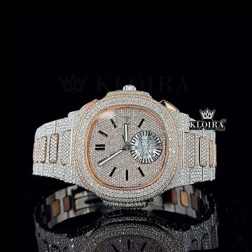 Subdial Rose Gold Patek Philippe Inspired Moissanite Diamond Watch 14K Gold Front View