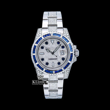 Submariner Rolex Inspired Blue Sapphire Iced Out Moissanite Watch Front Submariner Rolex Inspired Blue Sapphire Iced Out Moissanite Watch Front View