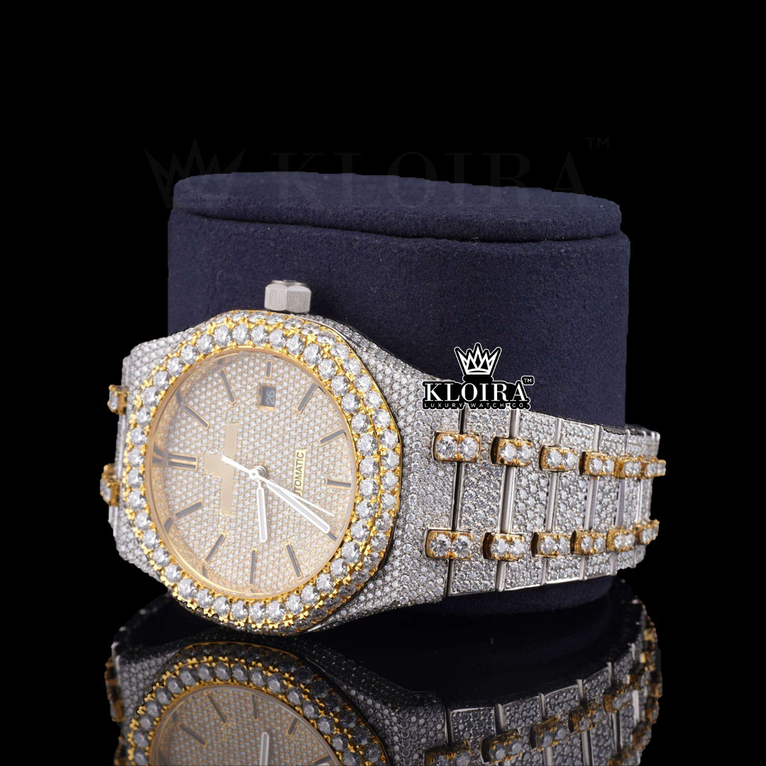 Sunburst Moissanite Diamond Watch Yellow 14K Gold VVS 30 Carat 42mm Front