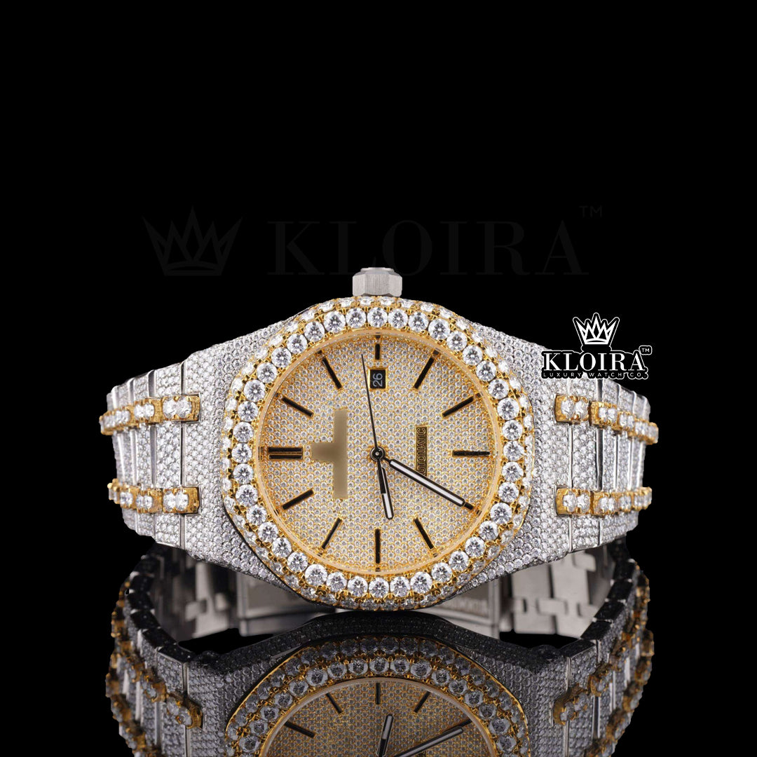 Sunburst Moissanite Diamond Watch Yellow 14K Gold VVS 30 Carat 42mm Front