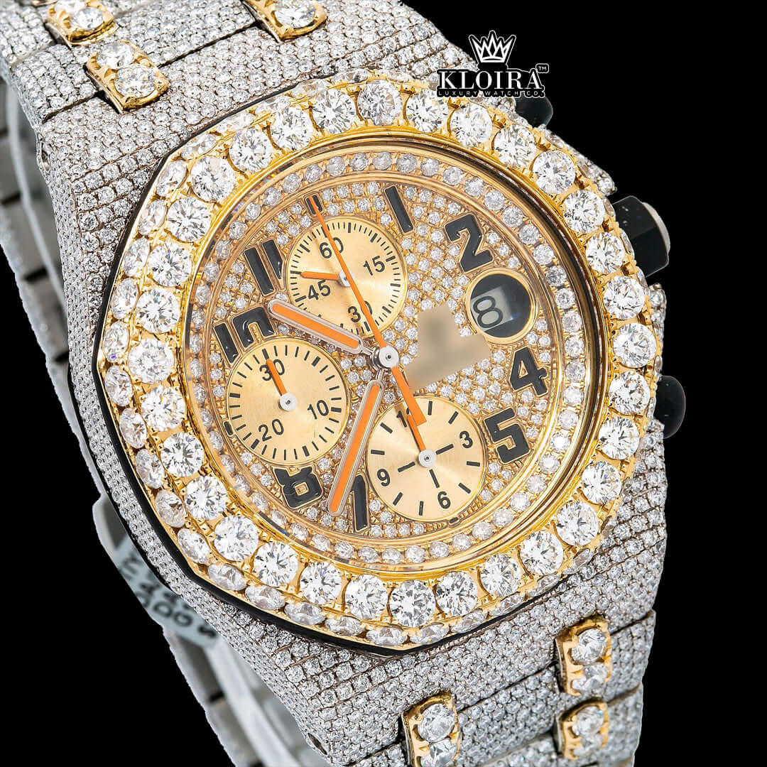 Two Tone AP Moissanite Diamond Watch in 14K Gold with vibrant yellow dial and sparkling diamonds.