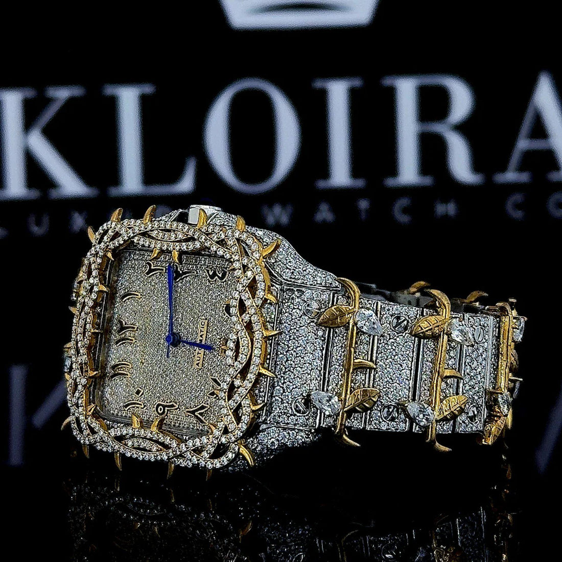Thorn Bezel Yellow Gold Arabic Numerals Moissanite Diamond Watch Front View