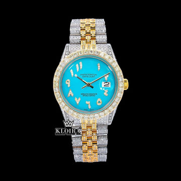 Tiffany Blue Arabic Dial Two Tone Diamond Link Strap Moissanite Watch Front View