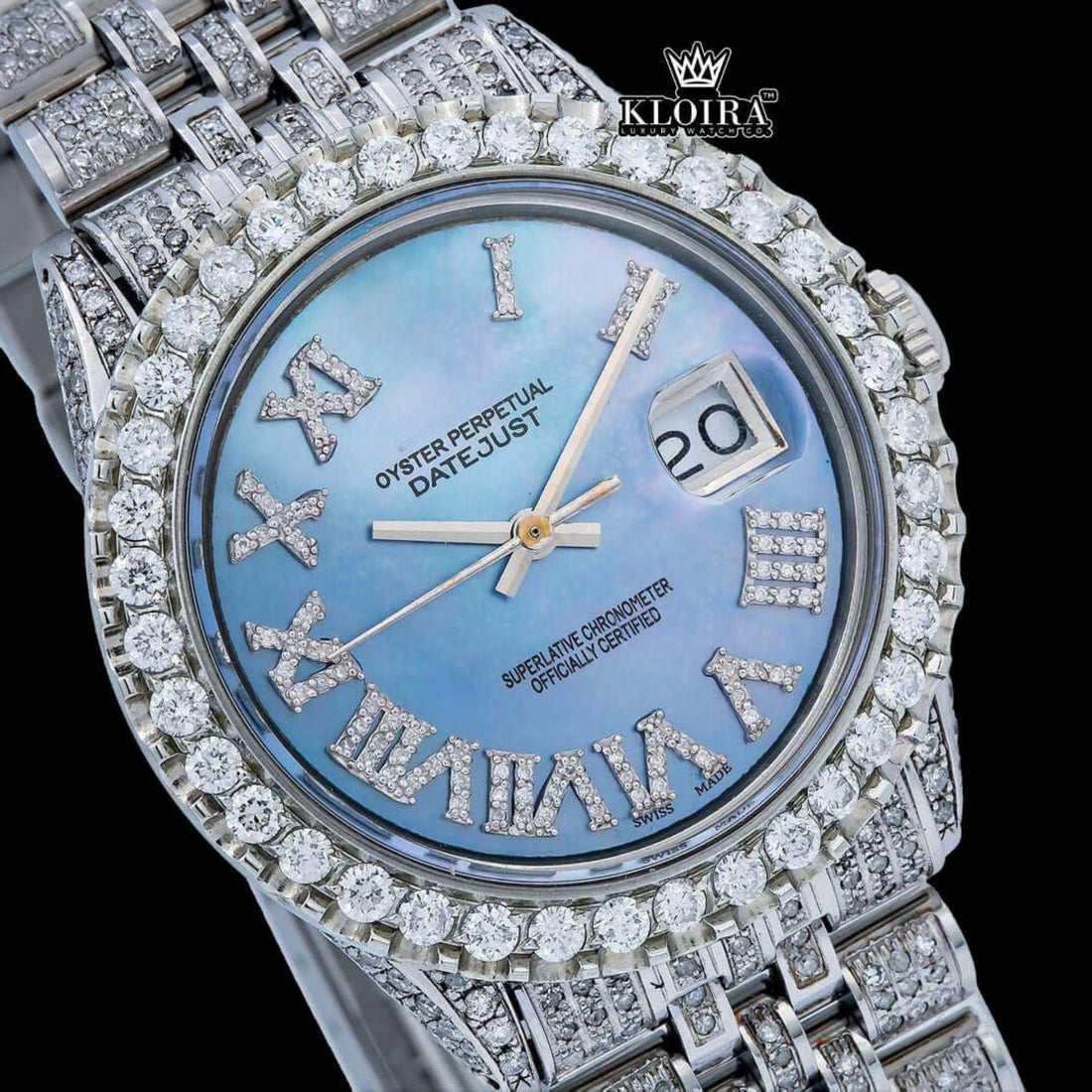 Tiffany Blue Date Dial Full Iced Out Moissanit Watch 14K Gold VVS 18 Carat 42mm Front View