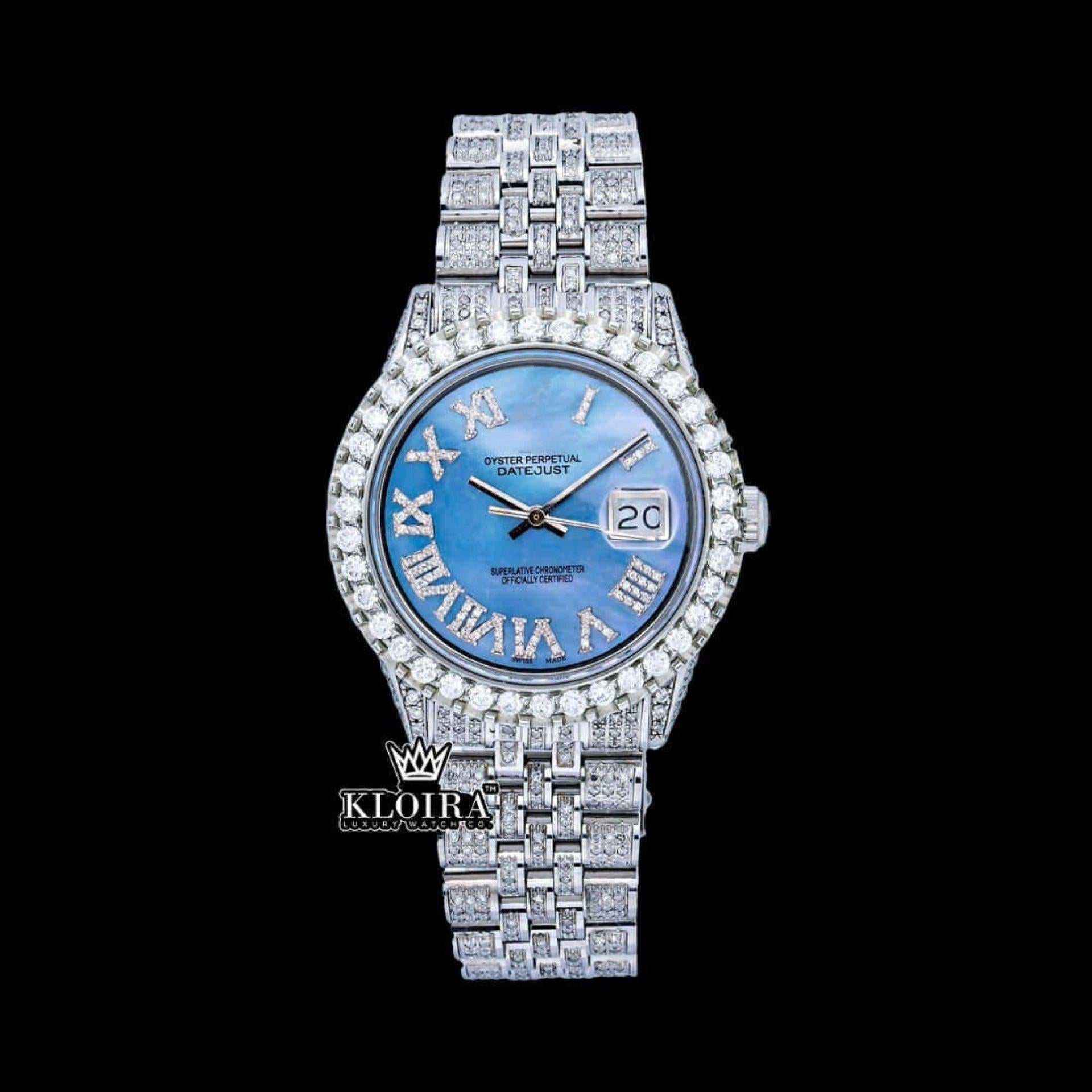 Tiffany Blue Date Dial Full Iced Out Moissanit Watch 14K Gold VVS 18 Carat 42mm Front View