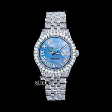 Tiffany Blue Date Dial Full Iced Out Moissanit Watch 14K Gold VVS 18 Carat 42mm Front View