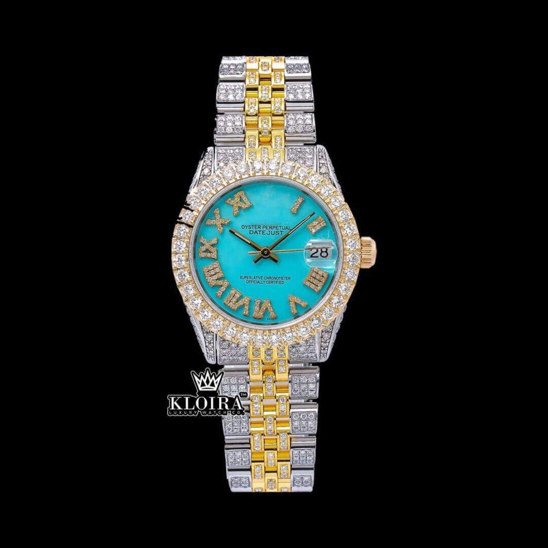 Tiffany Blue Roman Dial Two Tone Iced Out Moissanite Watch Front View 