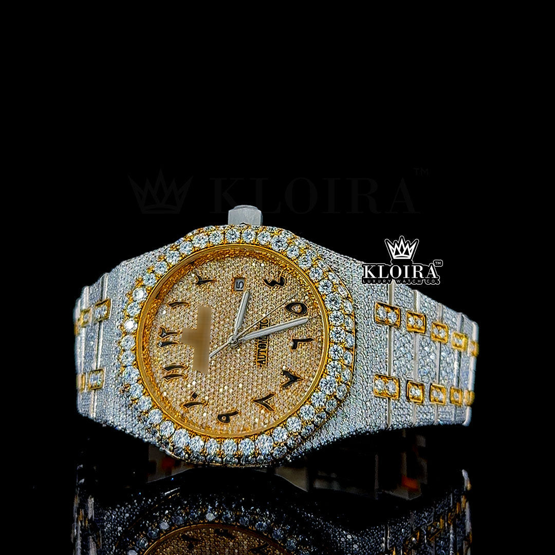 Timeless Yellow Royal Oak Moissanite Diamond Watch 14K Gold VVS 28 Carat 41mm Front
