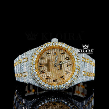 Timeless Yellow Royal Oak Moissanite Diamond Watch 14K Gold VVS 28 Carat 41mm Front