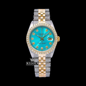 Turquoise Elegance Moissanite Diamond Watch 14K Gold VVS 18 Carat 42mm Front View