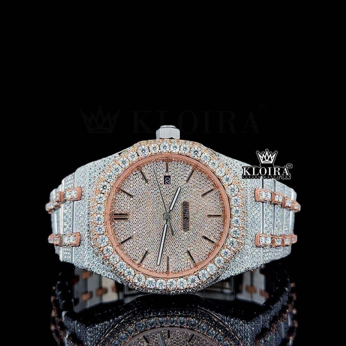 Two-Tone Rose Gold Iced Out Moissanite Diamond Watch Front View