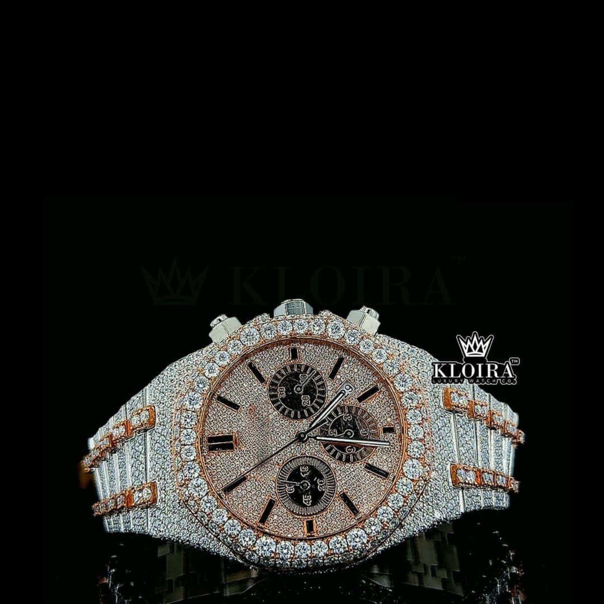 Two Tone AP Royal Oak Inspired Rose Gold Dial Fully Iced Out Moissanite Watch Front View