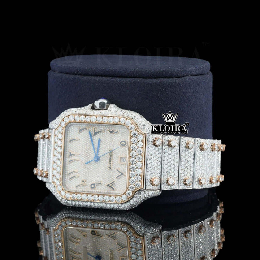 Two Tone Arabic Numerals Yellow Fully Iced Dial Moissanite Diamond Watch Front View