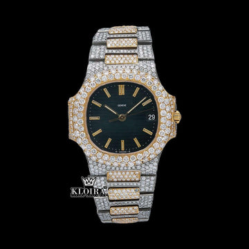 Two Tone Black Dial Fully Iced Out Stick Markers Moissanite Diamond Watch Front View