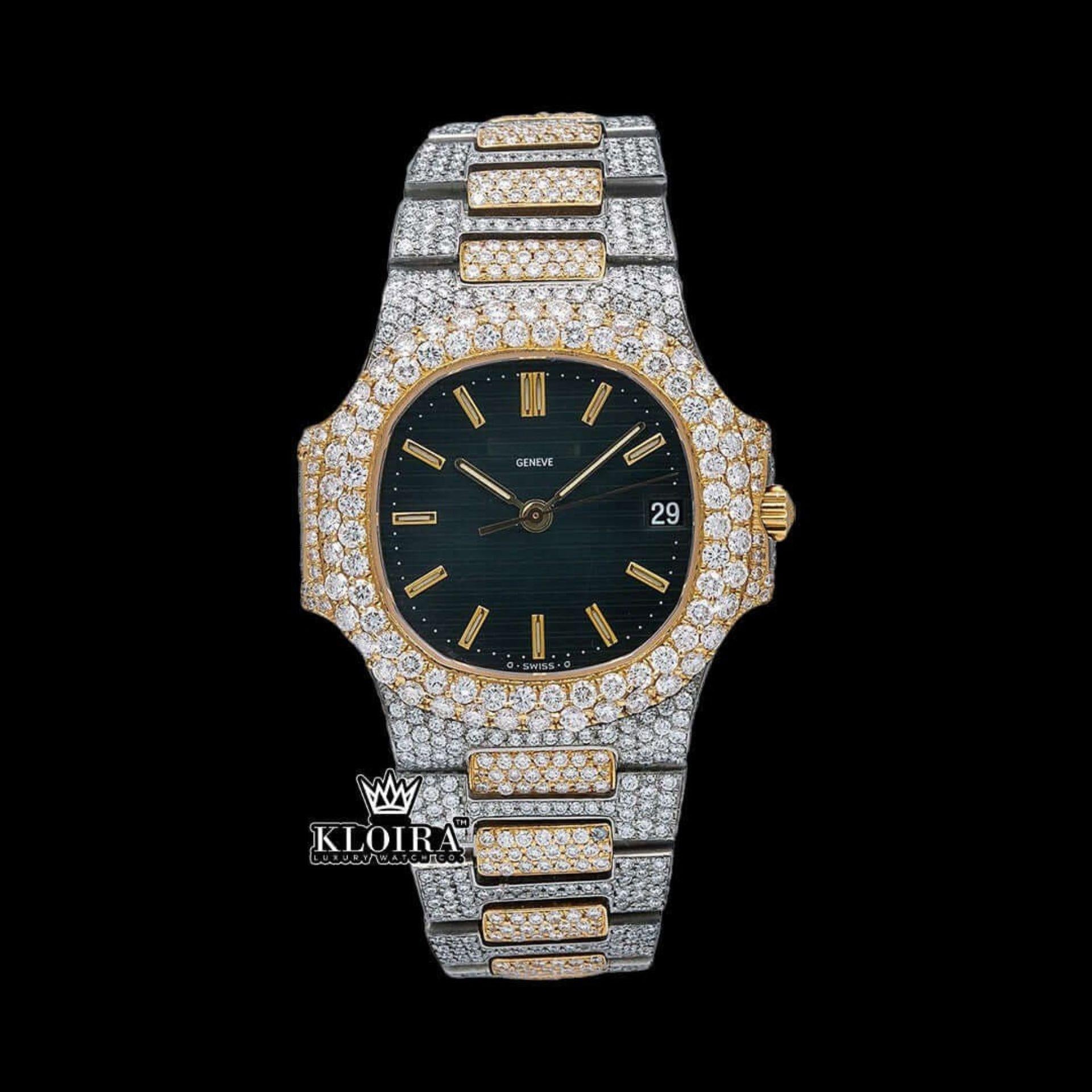 Two Tone Black Dial Iced Out Moissanite Diamond Watch Front View