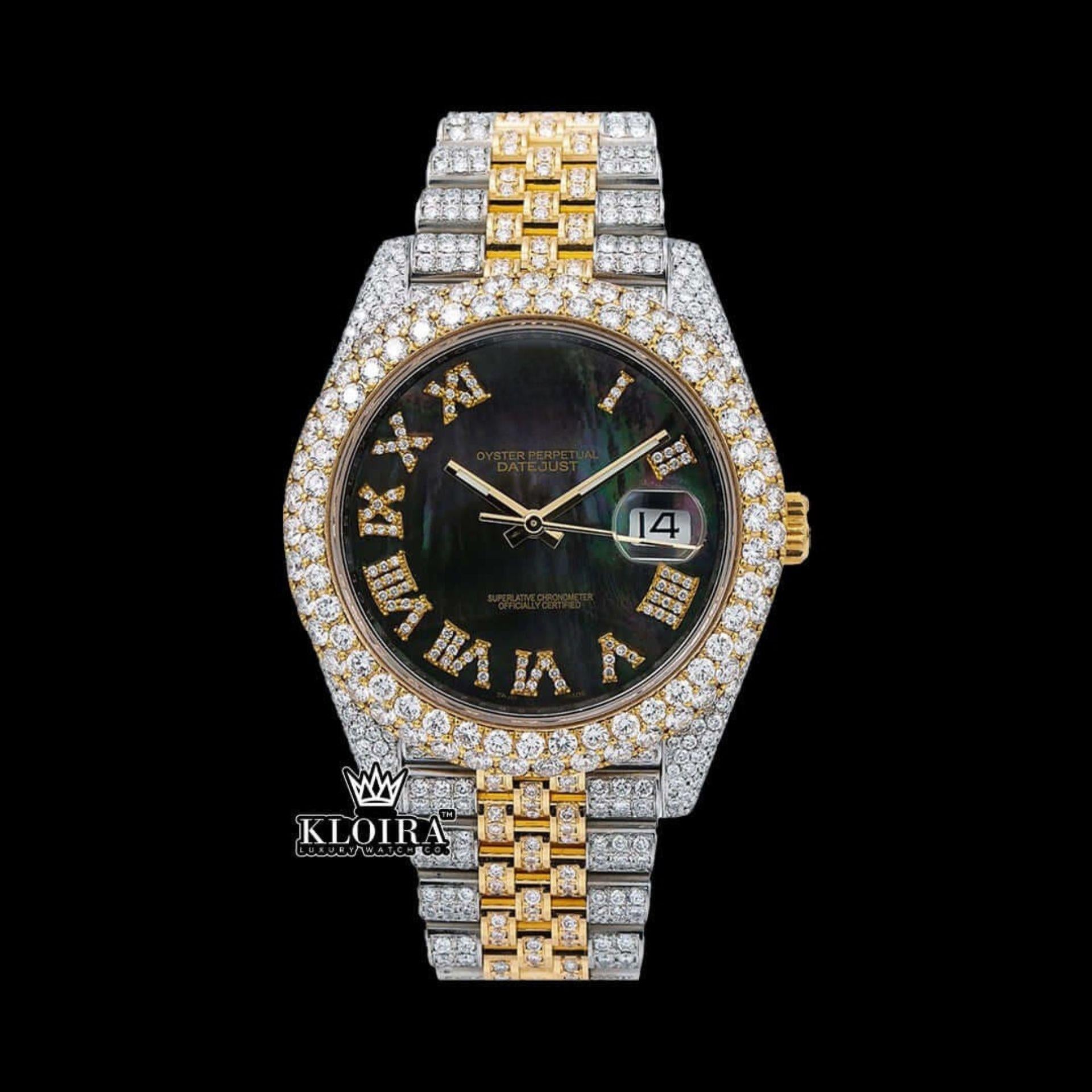 Two Tone Black Dial Roman Numerals Moissanite Diamond Watch Front View
