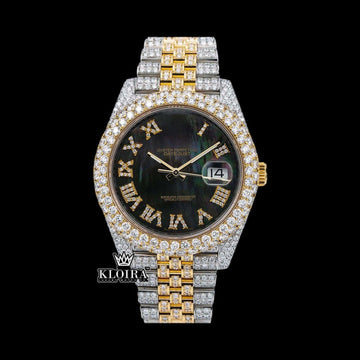 Two Tone Black Dial Roman Numerals Moissanite Diamond Watch Front View