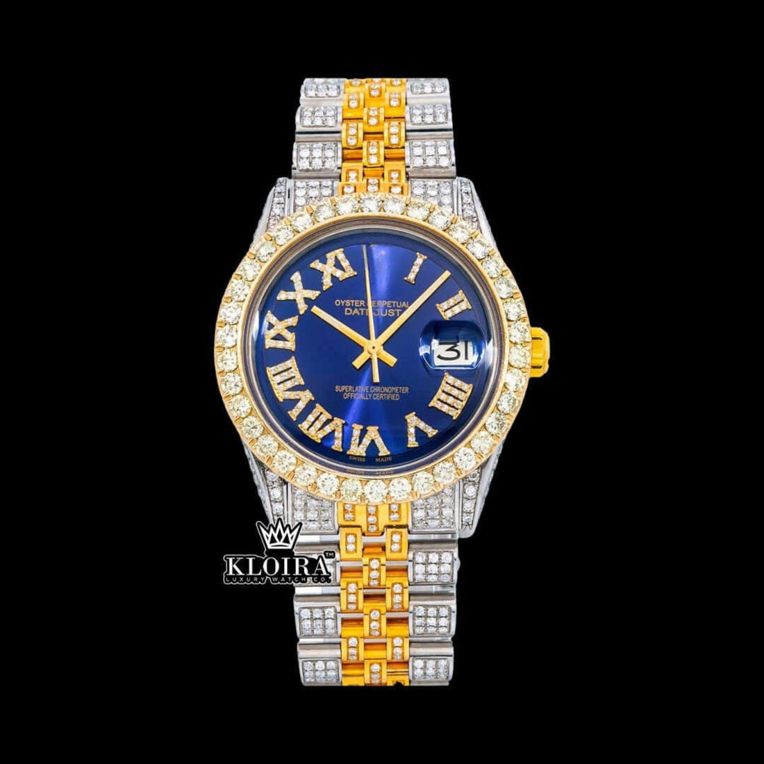 Two Tone Blue Date Display Roman Moissanite Watch 14K Gold 42mm Front View