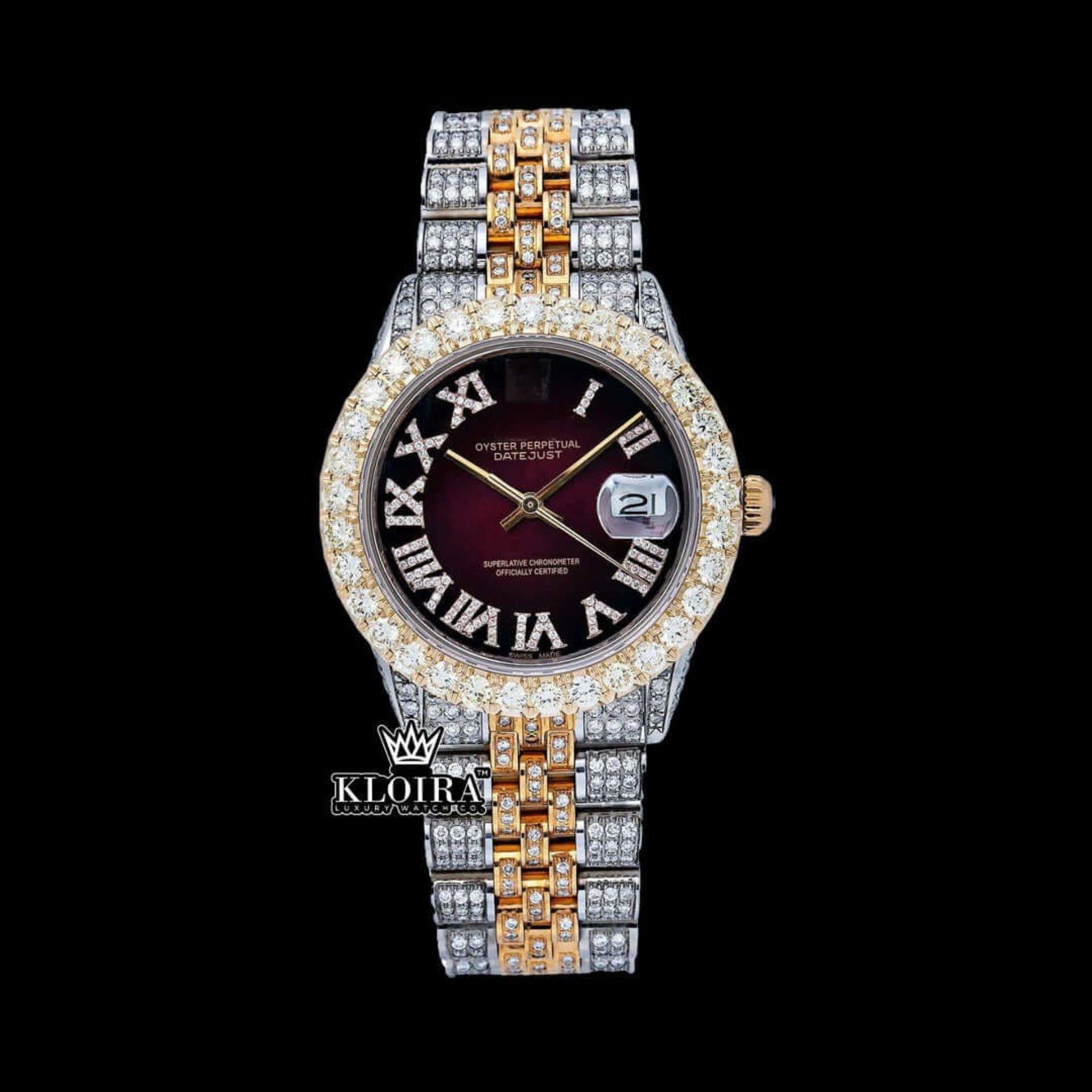 Two Tone Brown Date Dial Roman Numerals Moissanite Diamond Studded Watch Front View