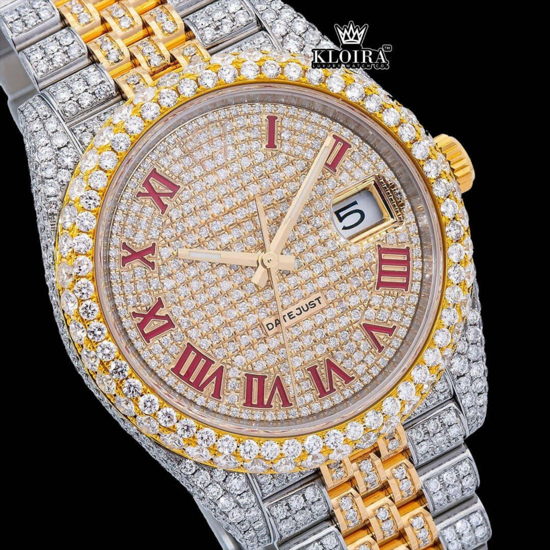 Two Tone Bust Down Red Roman Numerals Date Dial Moissanite Diamond Watch Front View