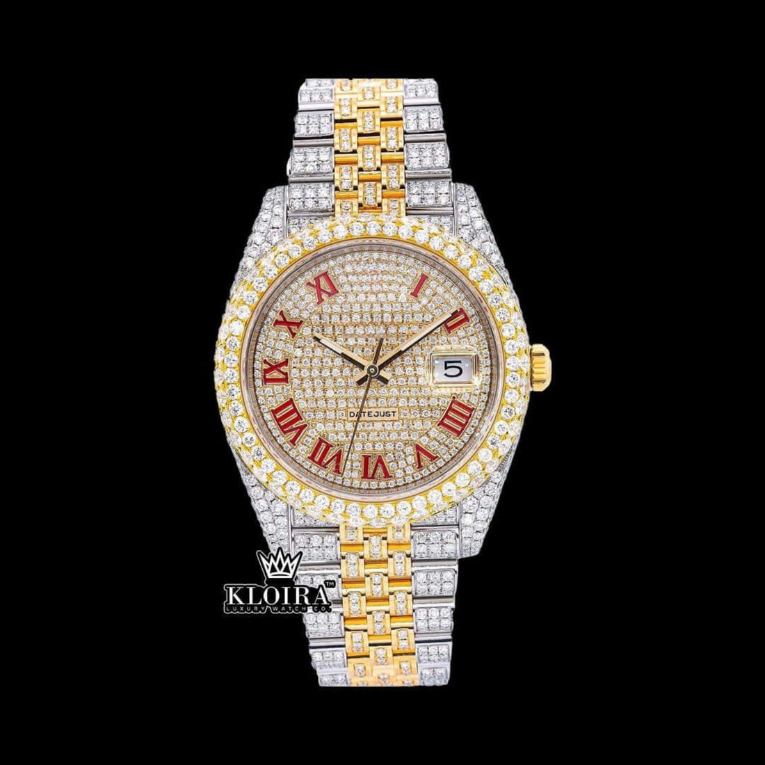 Two Tone Bust Down Red Roman Numerals Date Dial Moissanite Diamond Watch Front View