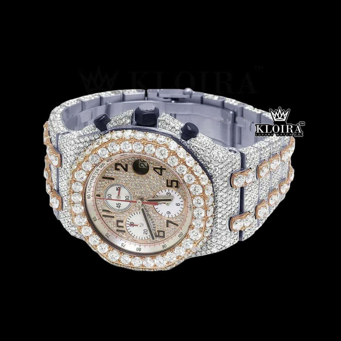 Two Tone Chronograph Standard Numerals Moissanite Diamond Watch Front View