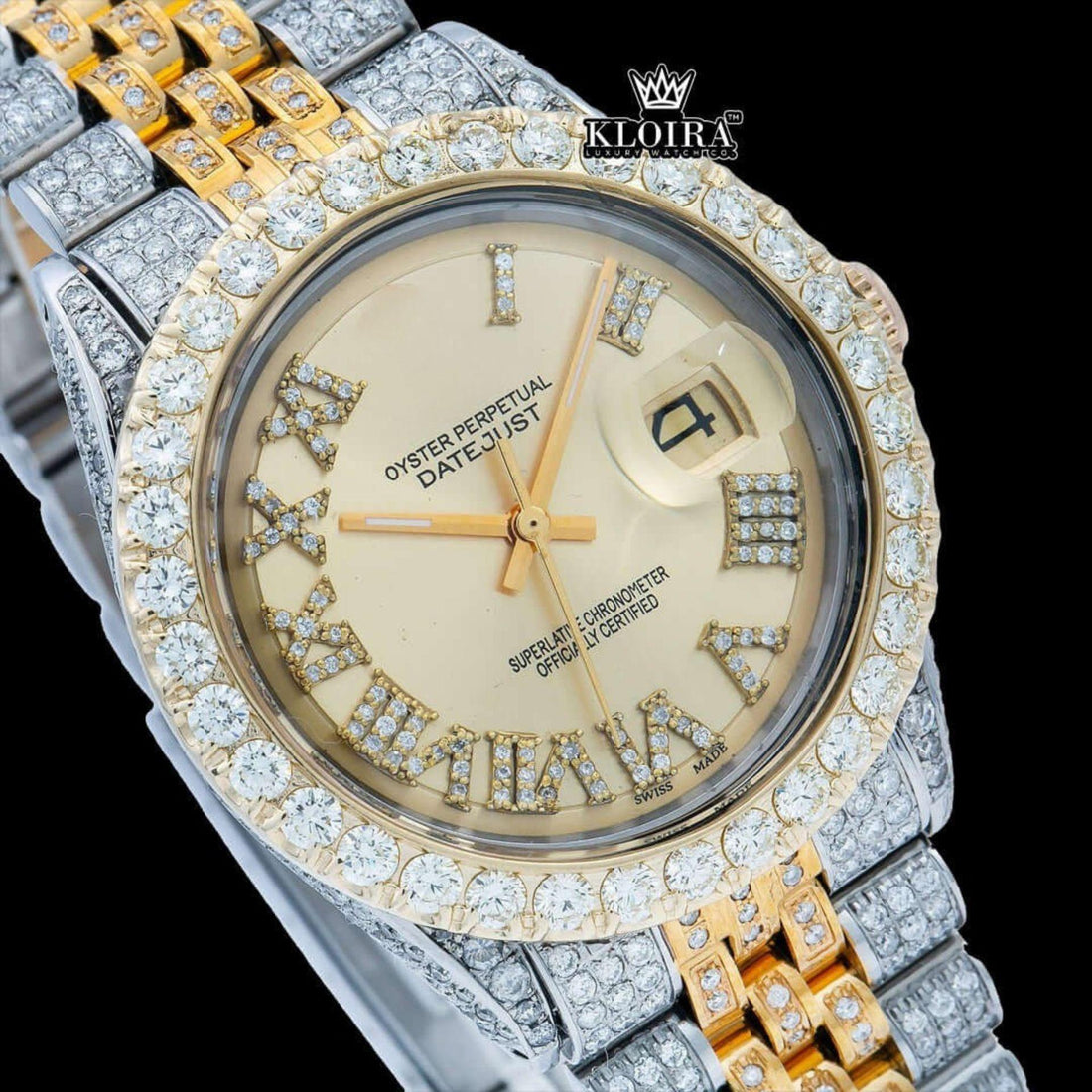 Two Tone Diamond Studded Roman Numerals Moissanite Diamond Watch Front View