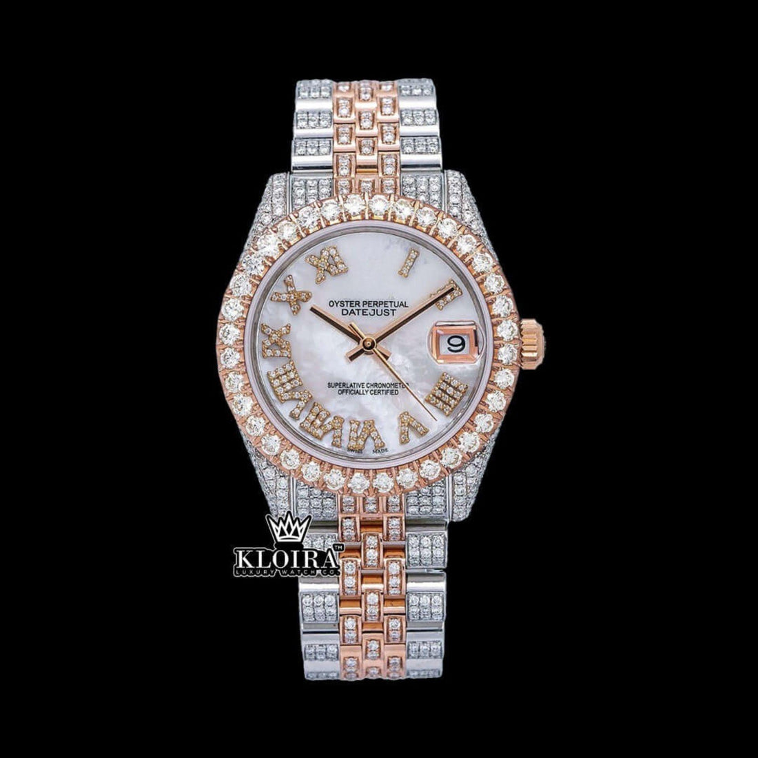 Two Tone Fully Iced Out White Roman Dial Moissanite Diamond Watch Front View