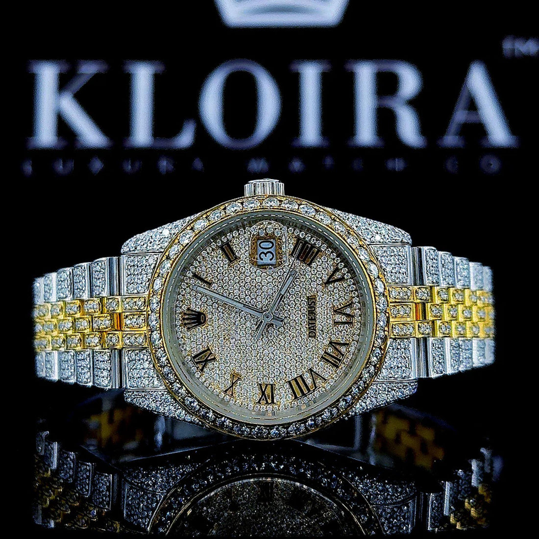 Two Tone Fully Iced Out Yellow Roman Dial Moissanite Watch Front View