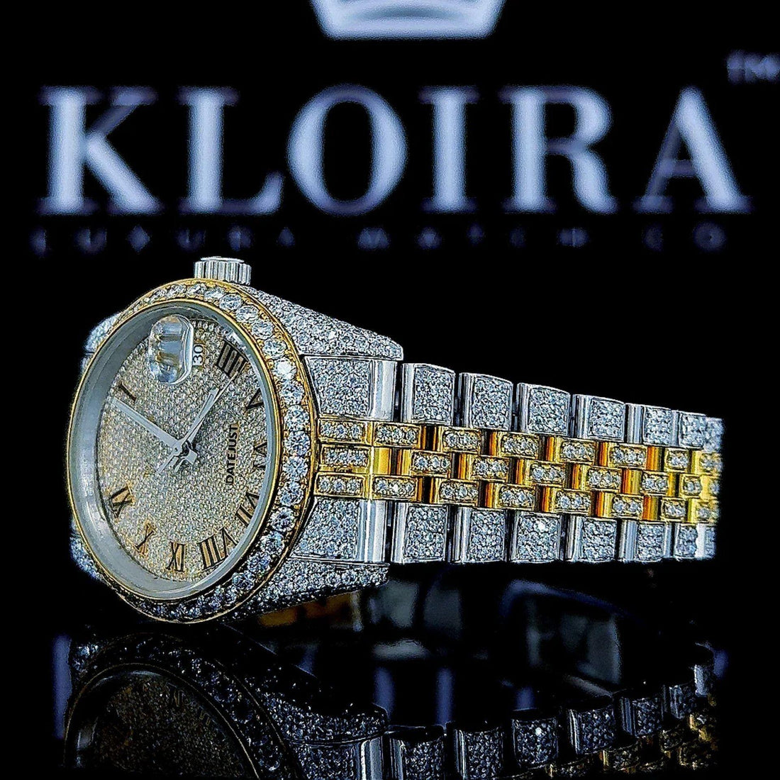 Two Tone Fully Iced Out Yellow Roman Dial Moissanite Watch Front View
