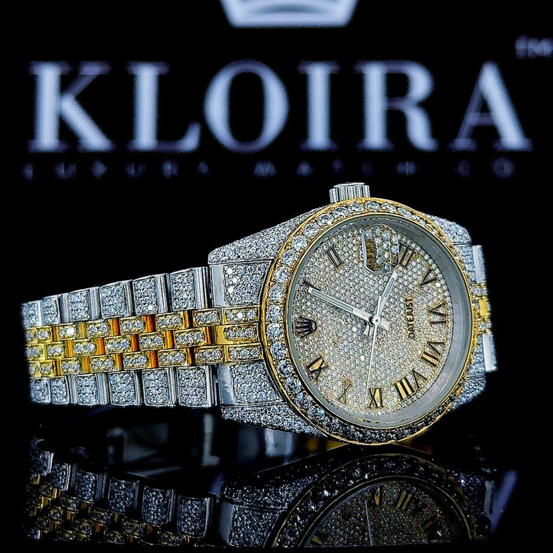 Two Tone Fully Iced Out Yellow Roman Dial Moissanite Watch Front View