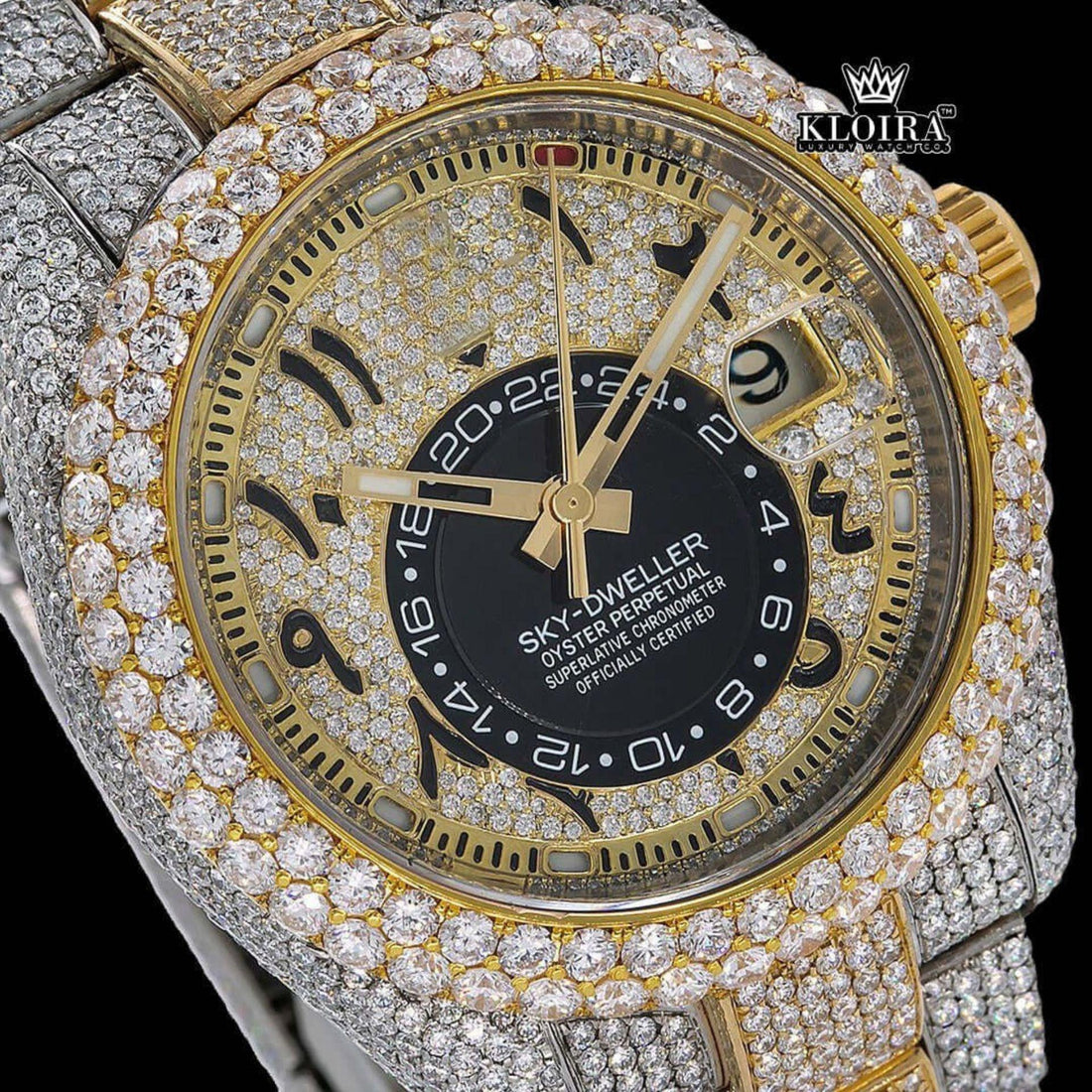 Two Tone Gold Dial Arabic Numerals Iced Out Moissanite Diamond Watch Front View