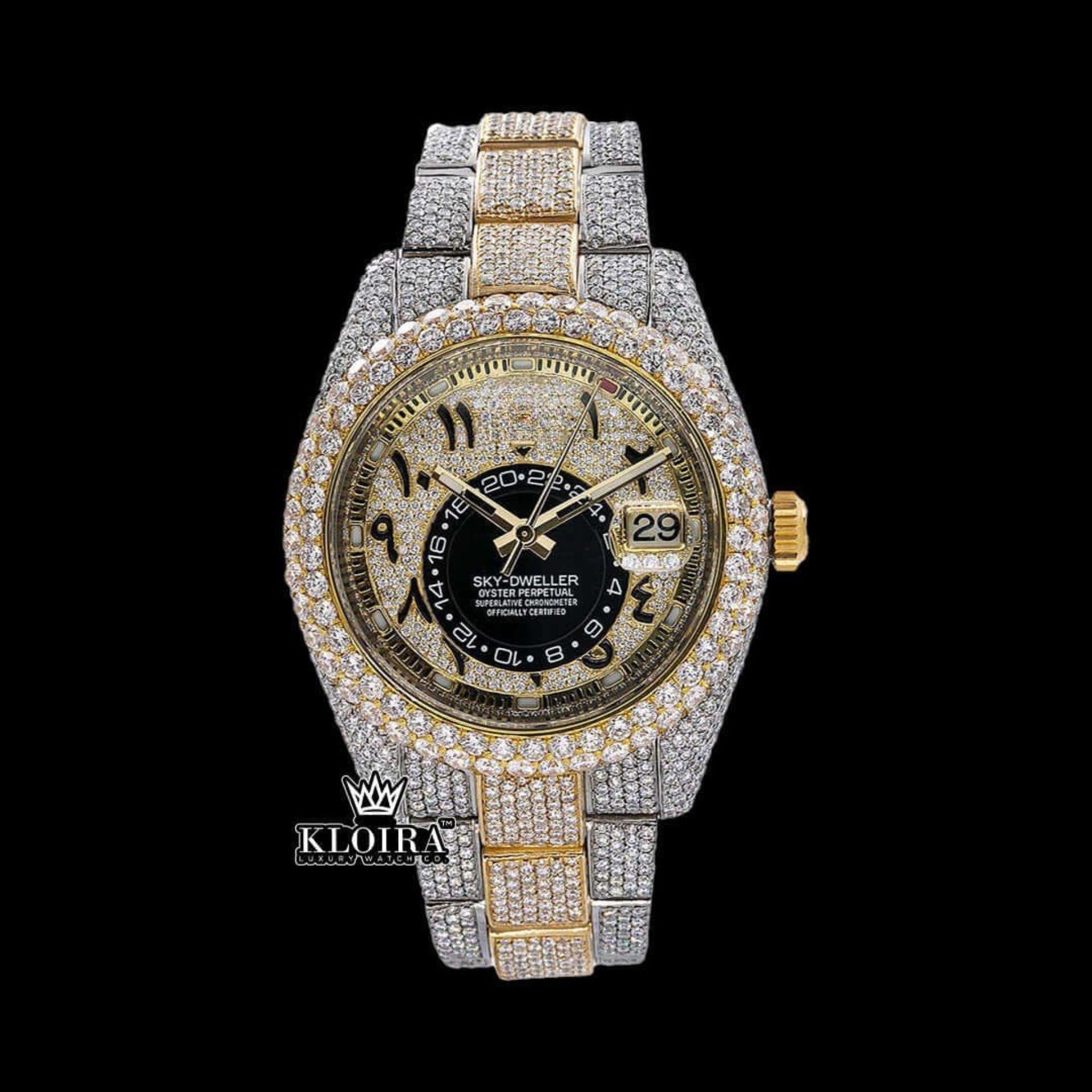 Two Tone Gold Dial Arabic Numerals Iced Out Moissanite Diamond Watch Front View