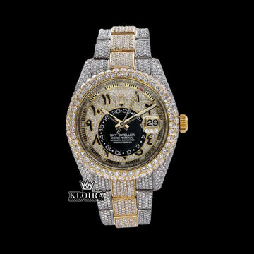 Two Tone Gold Dial Arabic Numerals Iced Out Moissanite Diamond Watch Front View
