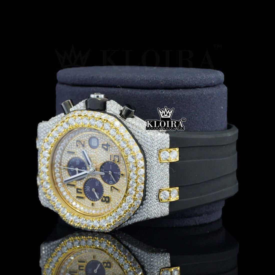 Two Tone Gold Iced Out Moissanite Diamond Watch Subdials Black Band Front View