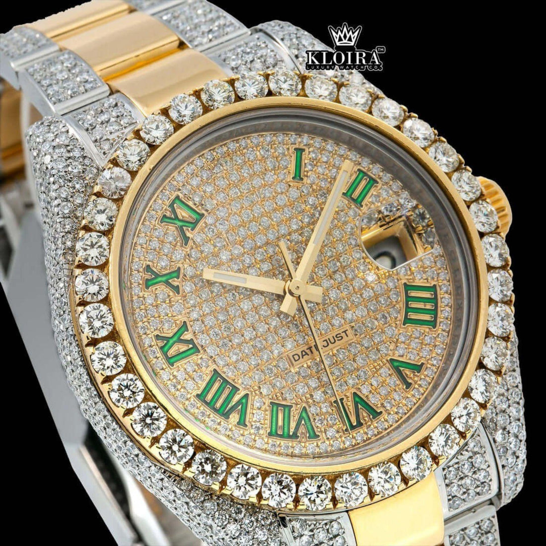Two Tone Green Roman Numeral Moissanite Watch 14K Gold VVS 20 Ct 42mm Front View