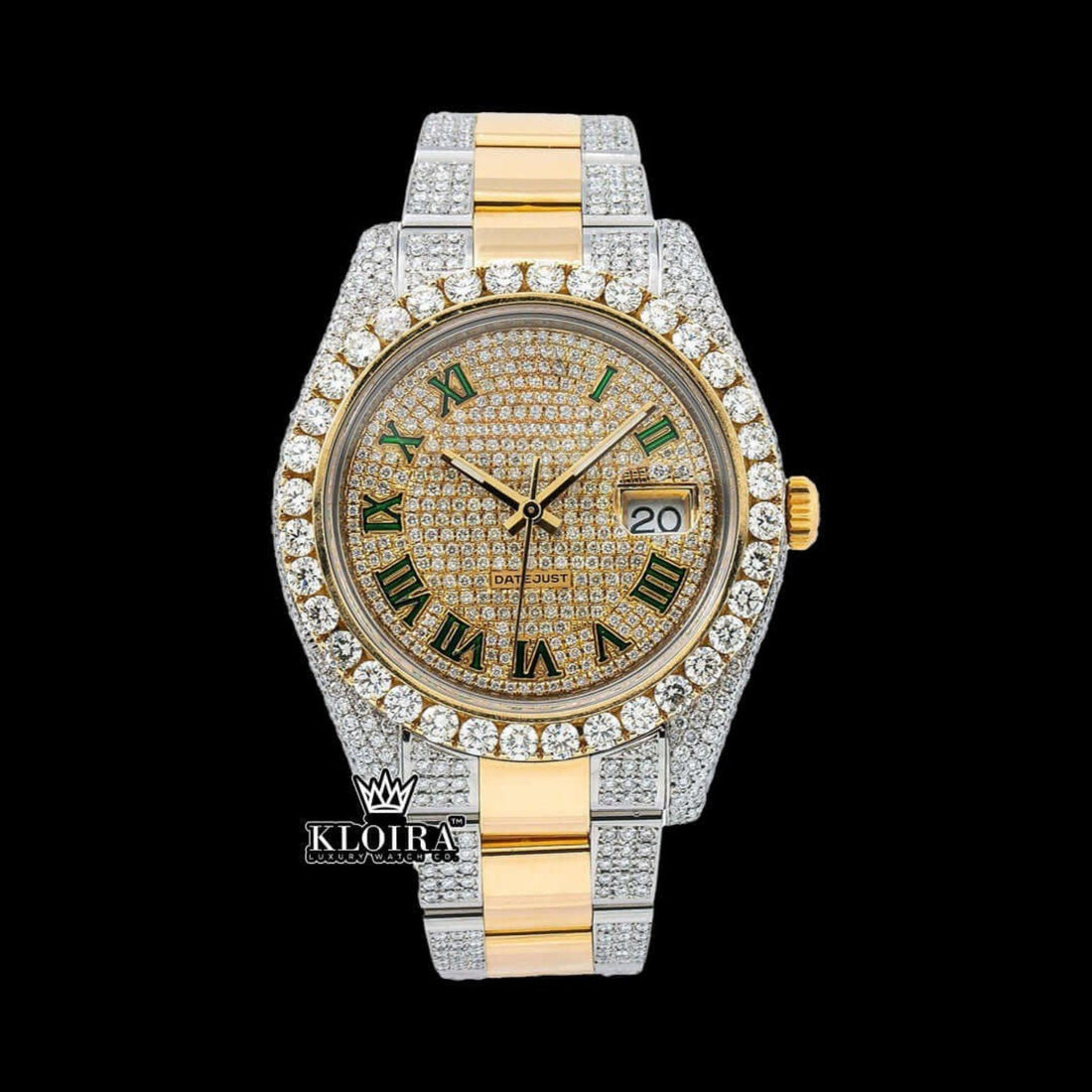 Two Tone Green Roman Numeral Moissanite Watch 14K Gold VVS 20 Ct 42mm Front View
