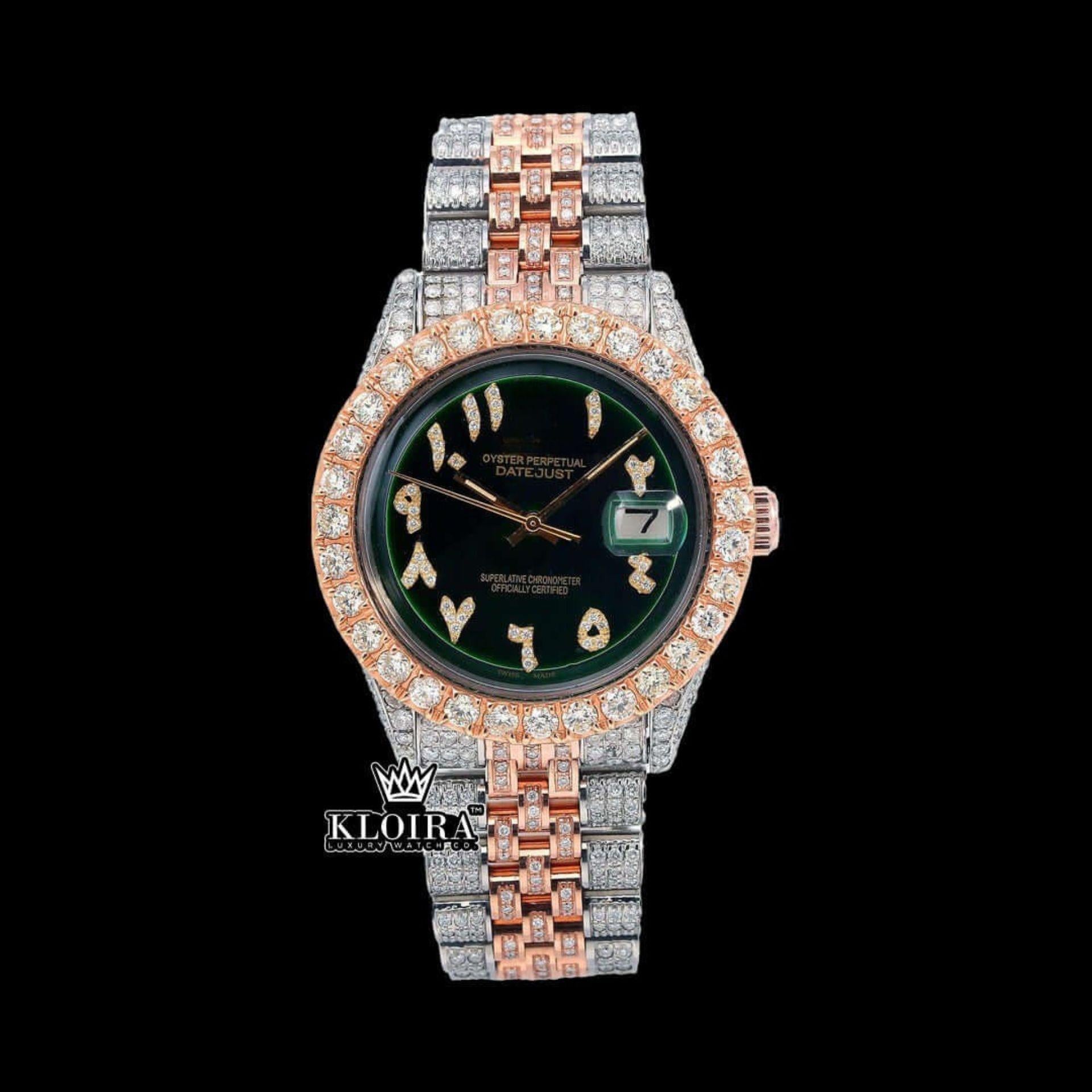 Two Tone Iced Out Arabic Green Dial Moissanite Watch 14K Gold 42mm Front View