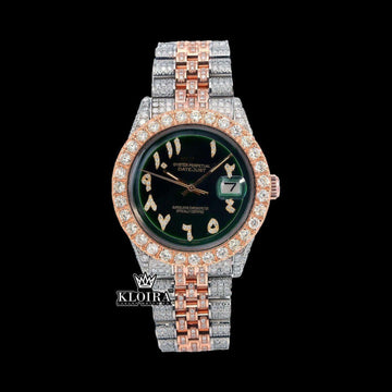 Two Tone Iced Out Arabic Green Dial Moissanite Watch 14K Gold 42mm Front View