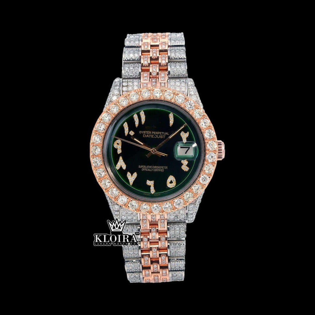 Two Tone Iced Out Arabic Numerals Green Dial Moissanite Diamond Watch Front View