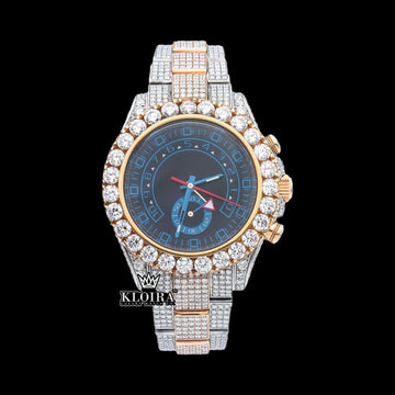 Two Tone Iced Out Blue Dial Chronograph Moissanite Diamond Watch Front View