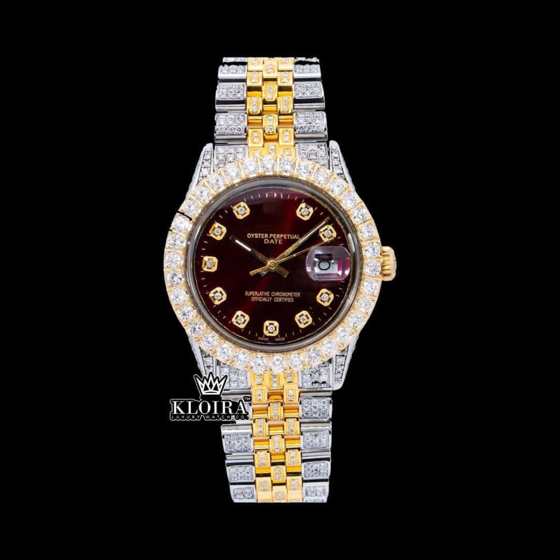 Two_Tone_Iced_Out_Brown_Dial_Diamond_Markers_Moissanite_Watch_Front_View