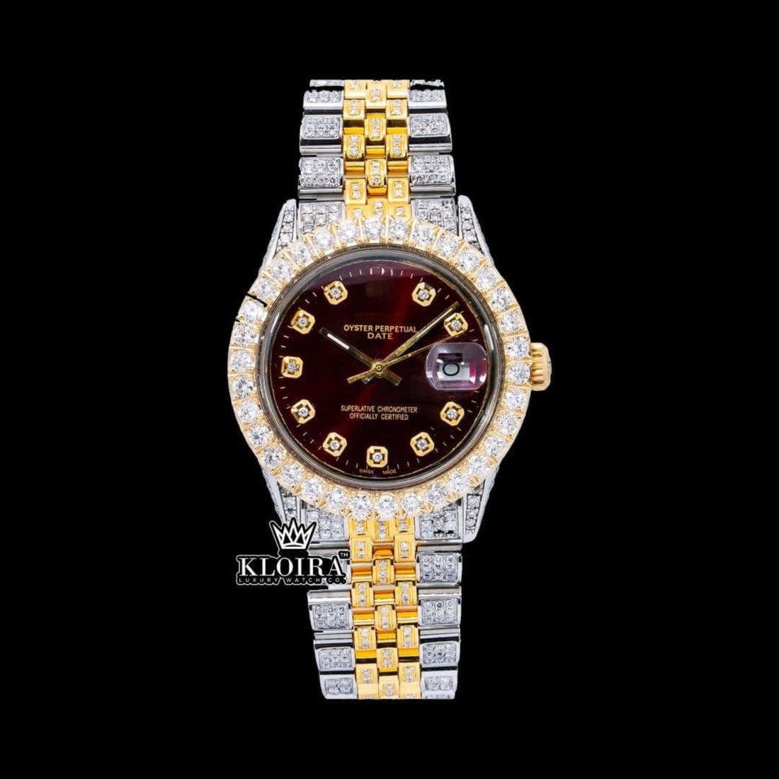Two_Tone_Iced_Out_Brown_Dial_Diamond_Markers_Moissanite_Watch_Front_View