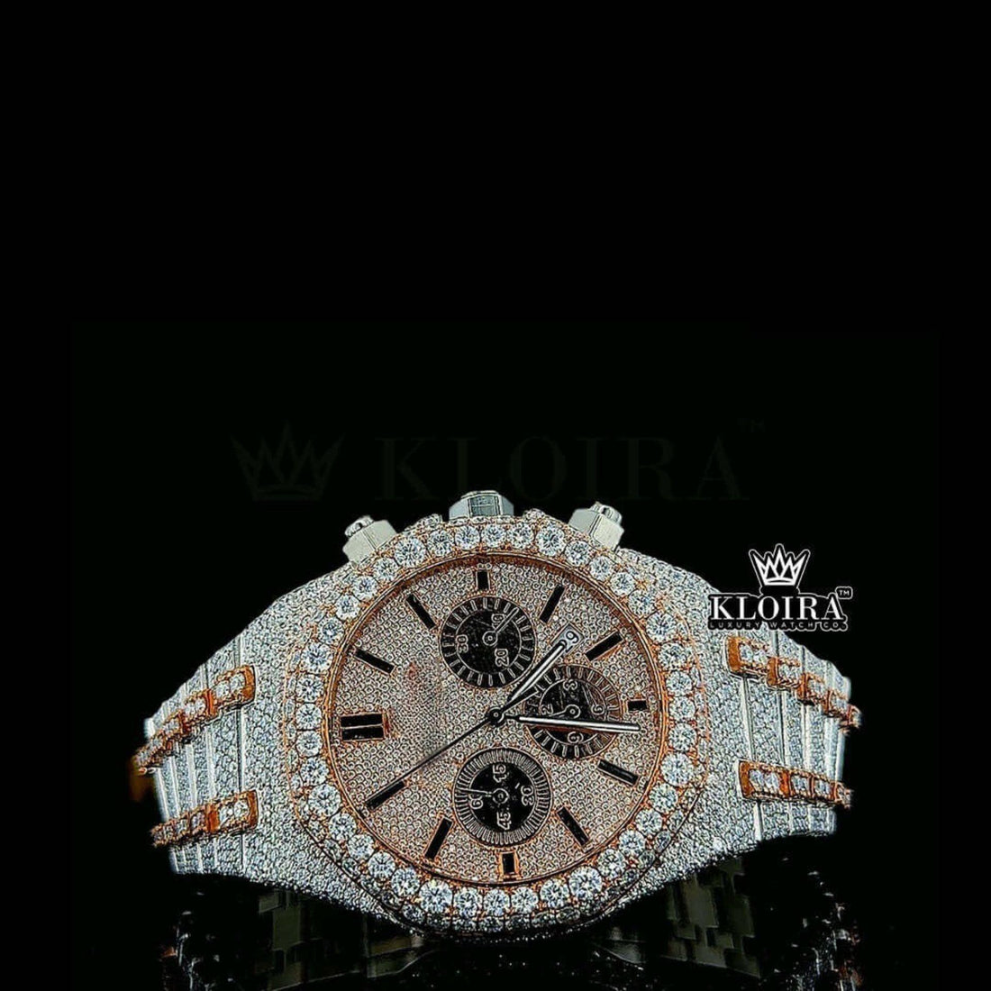 Two Tone Iced Out Chronograph Rose Dial Moissanite Diamond Watch Front View
