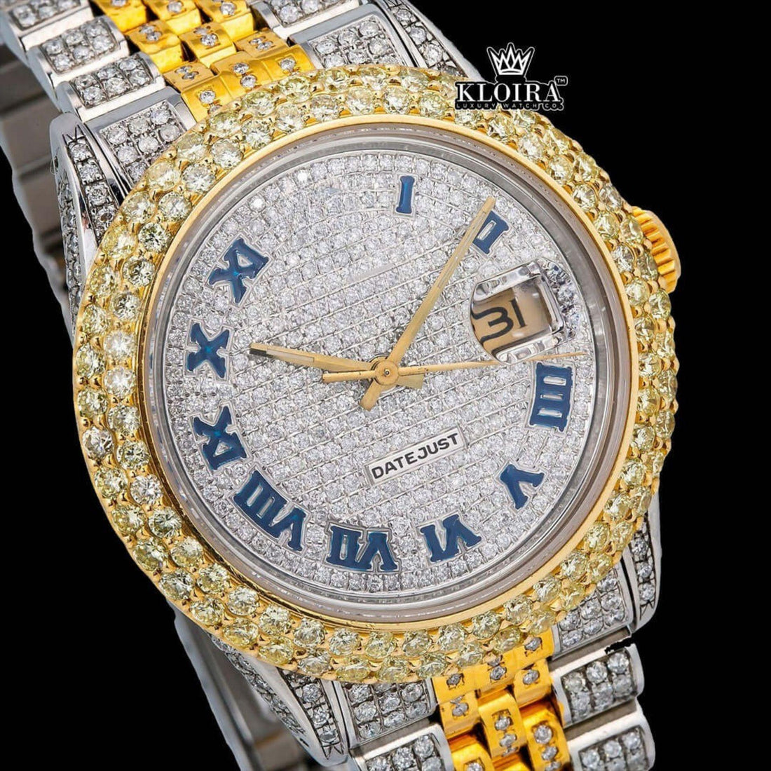 Two Tone Iced Out Dial Blue Roman Numerals Moissanite Diamond Watch Front View